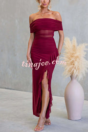 Sexy Mesh Off-shoulder Slim Fit Ruffled Slit Maxi Dress