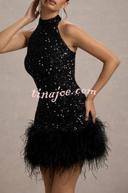 Dazzling and Playful Sequin High Neck Feather Trim Stretch Mini Dress