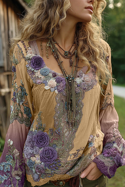 Bohemian Floral Print Round Neck Long-sleeved Loose Top