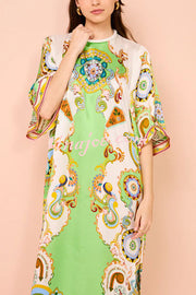 Southern Italy Satin Unique Print Bell Sleeve Loose Slit Midi Dress