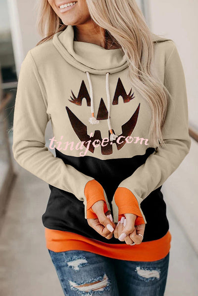 Halloween Pumpkin Print Long Sleeve Drawstring Hoodie