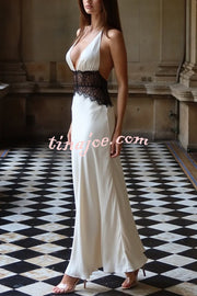 Seductive Details Satin Lace Waist Halter Tie-up Backless Maxi Dress