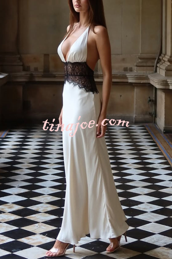 Seductive Details Satin Lace Waist Halter Tie-up Backless Maxi Dress