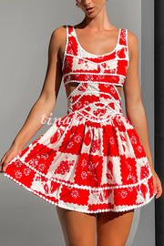 Holiday Colors Ric Rac Trims Unique Print Cutout Round Neck Mini Dress