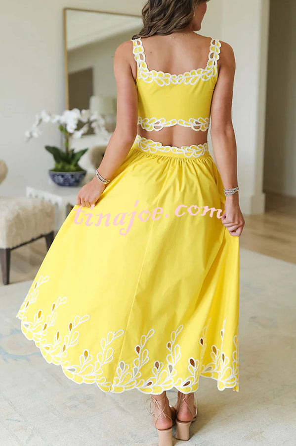 Perfect Vacation Embroidered Trim Crop Tank and Elastic Waist A-line Maxi Skirt Set