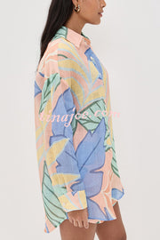 Bella Linen Blend Colorful Unique Print Long Sleeve Blouse and Elastic Waist Pocket Loose Shorts Set