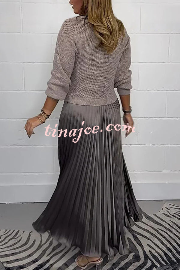 Stylish Knitted Round Neck Long Sleeve Patchwork Pleated Hem Maxi Dress