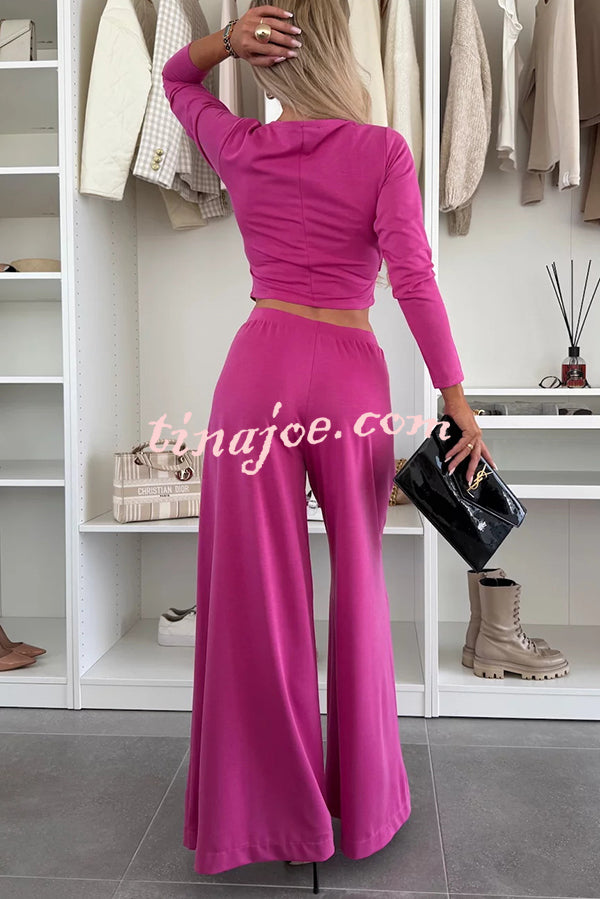 Solid Color Round Neck Long Sleeve Twist Crop Top and Elastic Waist Pocket Wide Leg Pants Set