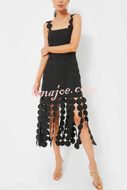 Best Dance Laser Cut Circle Embroidery Square Neck Tassle Trim Midi Dress