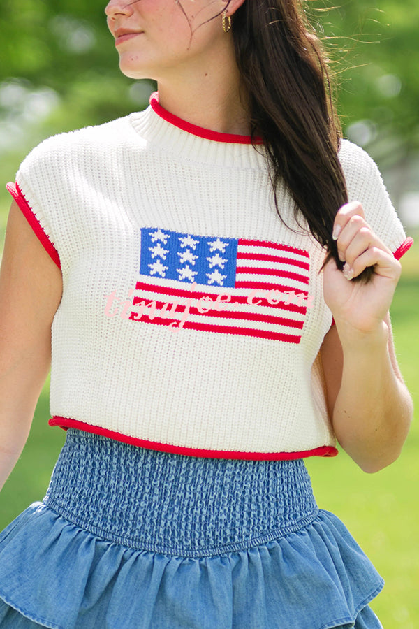 Independence Day Casual Crew Neck Short Sleeve Knit Sweater