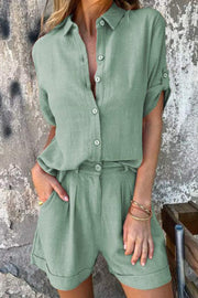 Linen Blend Solid Color Button Lapel Short Sleeve Shirt and Casual Pocket Shorts Set