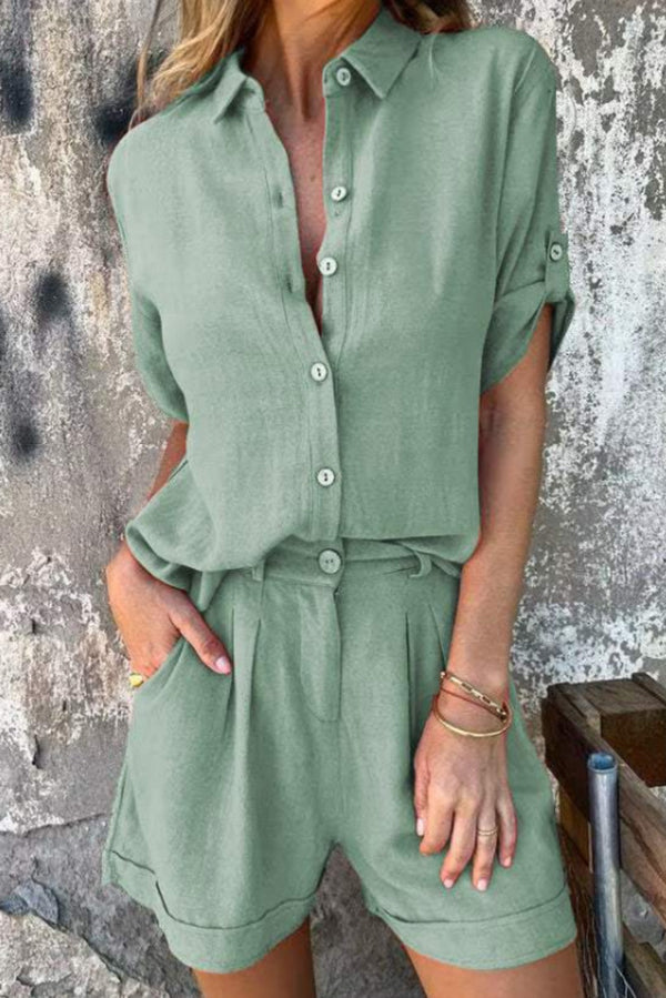 Linen Blend Solid Color Button Lapel Short Sleeve Shirt and Casual Pocket Shorts Set