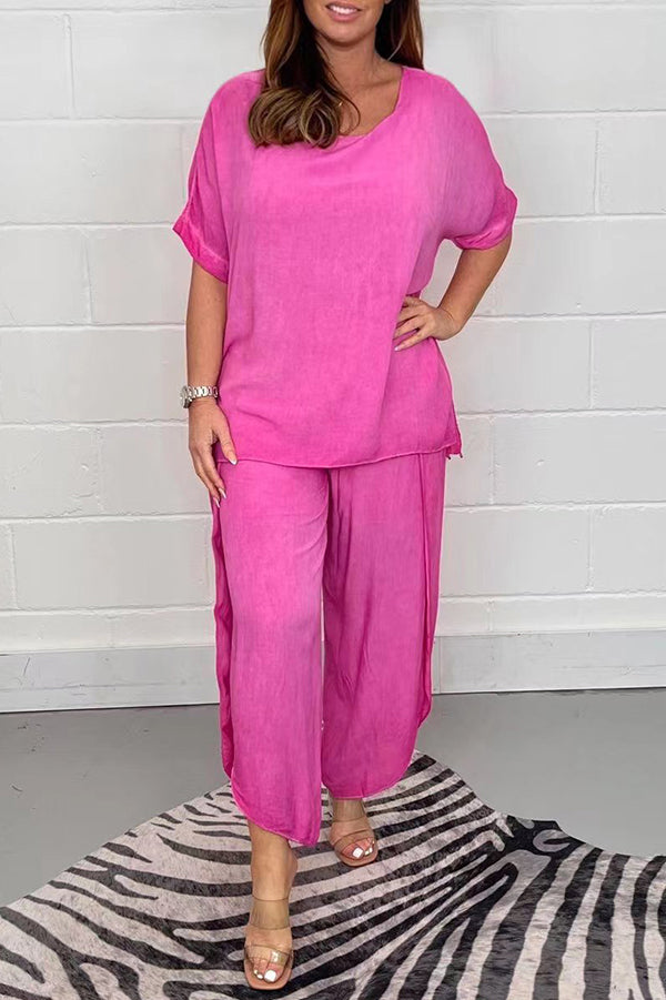 Solid Color Round Neck Short-sleeved Loose Top and Elastic Waist Casual Pants Set