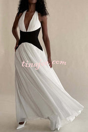 Fashionable Color Matching Sexy Halter Neck Waist Maxi Dress