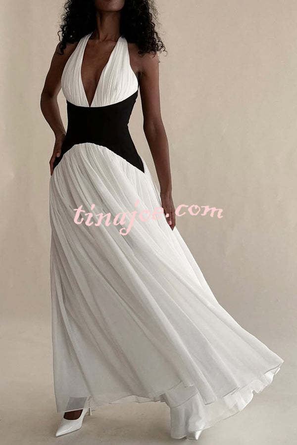 Fashionable Color Matching Sexy Halter Neck Waist Maxi Dress