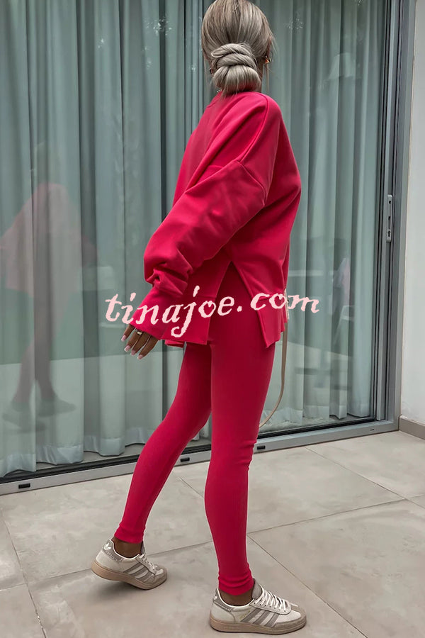 Solid Color Loose Long Sleeve SlitSweatshirt and Elastic Waist Tight Pants Set