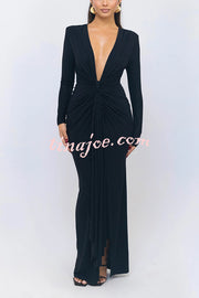 Solid Color Shiny Sexy V-neck Long Sleeve Ribbon Slit Slim Fit Maxi Dress