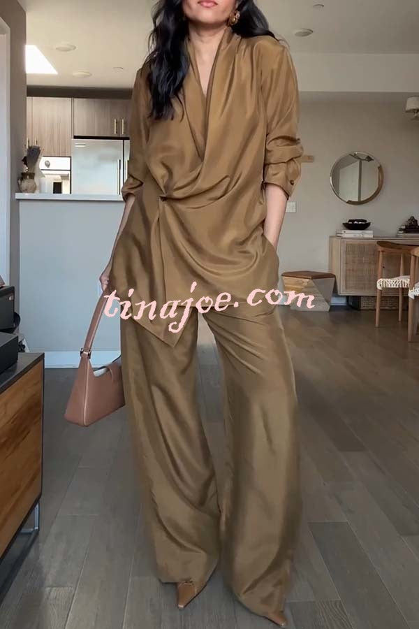 Bella Satin Drape Collar Single Button Casual Blazer and Elastic Waist Pocket Loose Pants Set