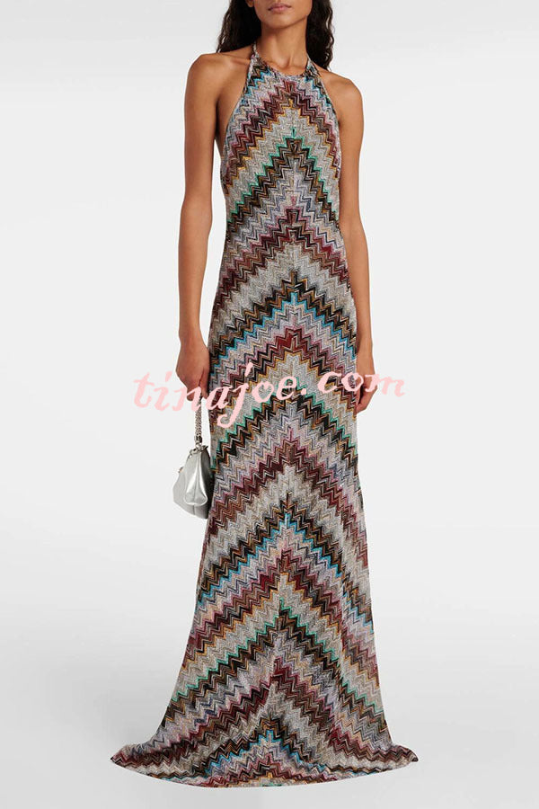 Jodie Knit Colorful Herringbone Print Halter Open Back Maxi Dress