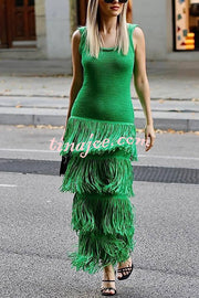 Solid Color Sleeveless Slim Fit Fringed Hem Knitted Midi Dress