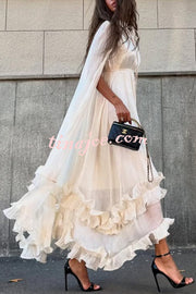 Fashionable V-neck Lace-up Ruffled Double-layer Hem Maxi Dress