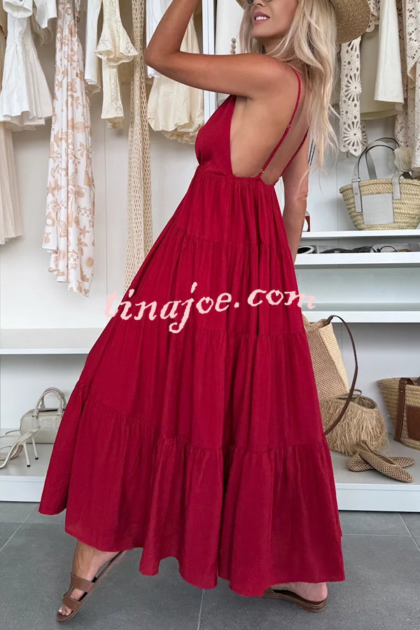 Bohemian Style V-neck Backless Slip Layered Vacation Maxi Dress