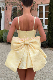 Jacquard Fabric Halter Back Elegant Bow Slim Fit Mini Dress
