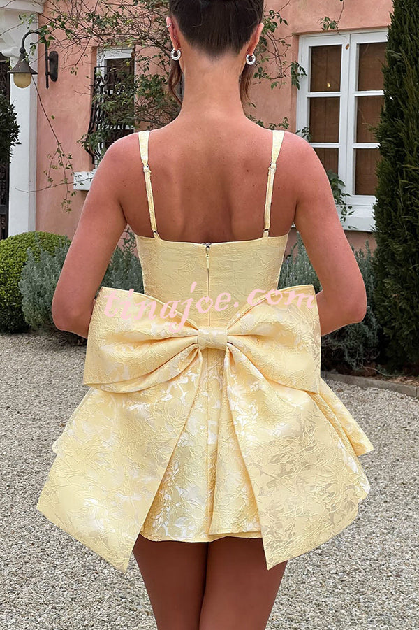 Jacquard Fabric Halter Back Elegant Bow Slim Fit Mini Dress