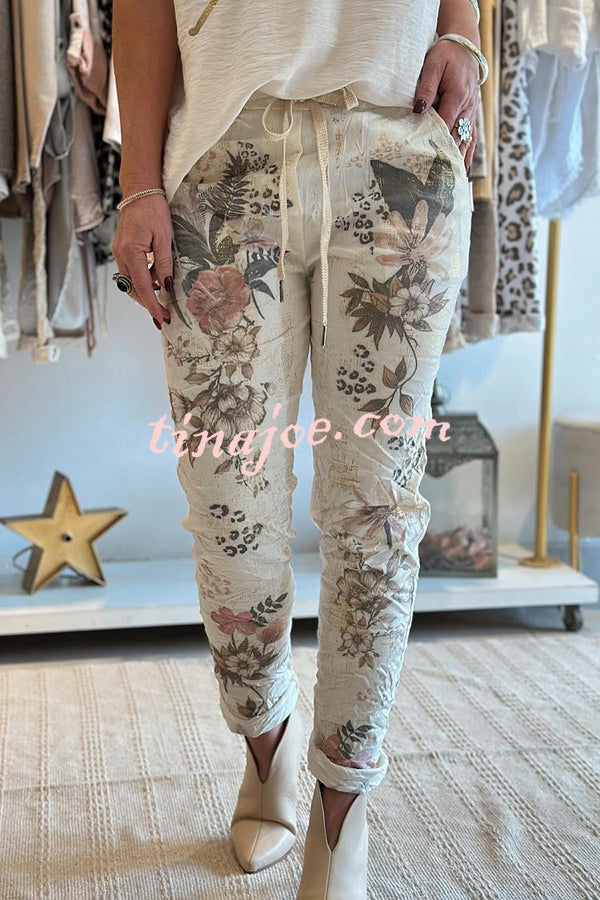 Floral Print Elastic Waist Casual Pocket Pants