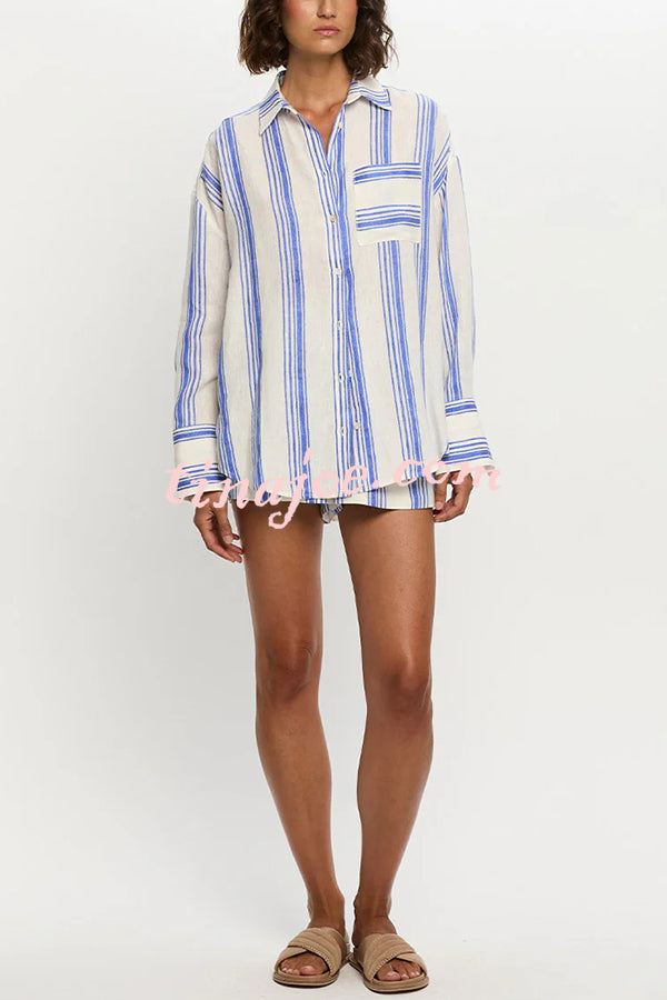 Stripe Print Lapel Long-sleeved Casual Shirt and Elastic Waist Loose Shorts Set