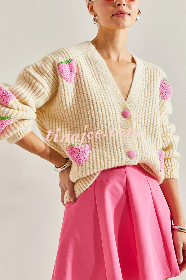 Stylish and Sweet V-neck Strawberry Embellished Knitted Cardigan