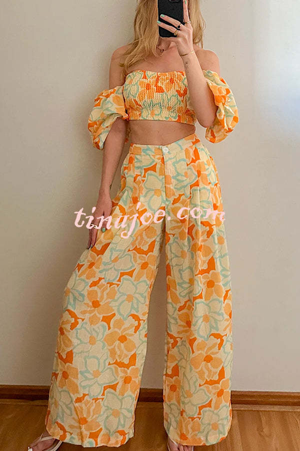 Quinci Floral Puff Sleeve Smocked Top and Elastic Waist Pocketed Loose Pants Set