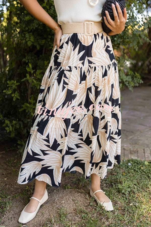 Resort Style Botanical Print Elastic Waist Loose Stitching Midi Skirt