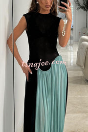 Lynelle Round Neck Sleeveless Contrast Hem Sexy Slim Fit Drape Maxi Dress