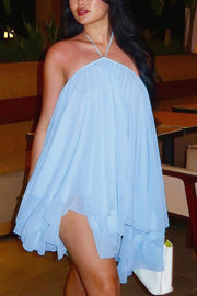 Chiffon Solid Color Halter Backless Irregular Mini Dress