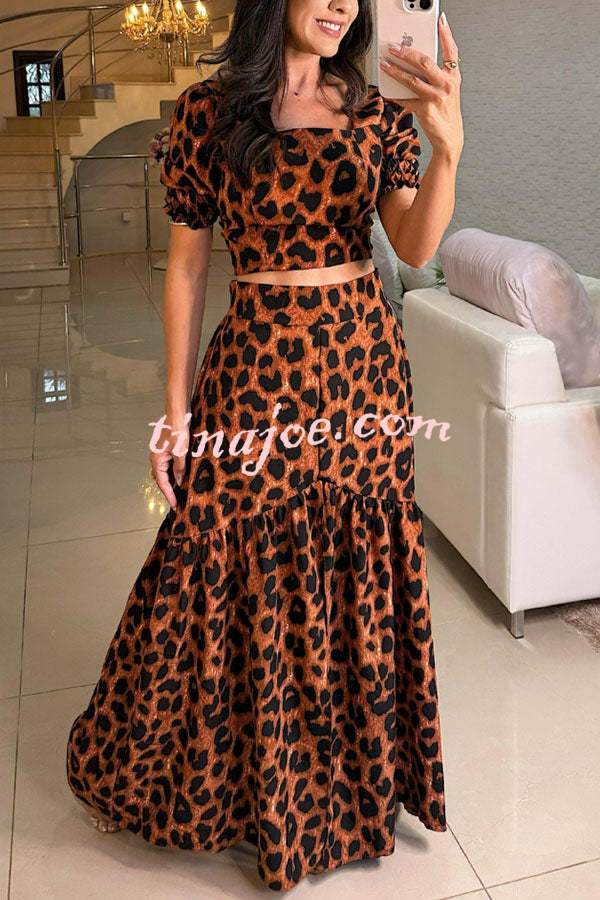 Lillah Unique Print Puff Sleeve Smocked Top and Elastic Waist Maxi Skirt Set