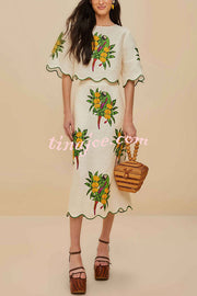Parrot Print Round Neck Loose Crop Top and Elastic Waist Pocket Casual Midi Skirt Set