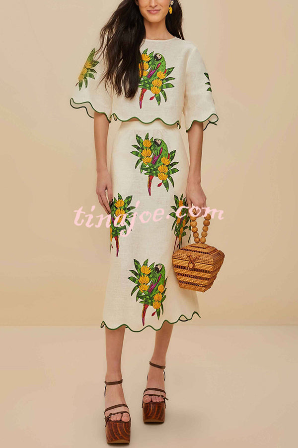 Parrot Print Round Neck Loose Crop Top and Elastic Waist Pocket Casual Midi Skirt Set