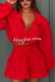 Solid Color Lapel Long-sleeved Loose Zipper Jacket and Elastic Waist Casual Shorts Set