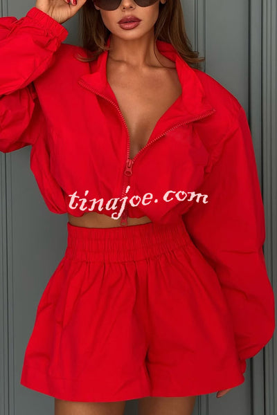 Solid Color Lapel Long-sleeved Loose Zipper Jacket and Elastic Waist Casual Shorts Set