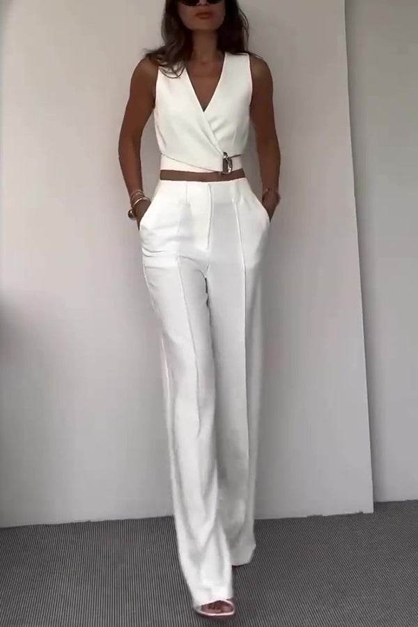 Crossover Slim Fit Sleeveless Vest and High Waisted Wide Leg Pants Set