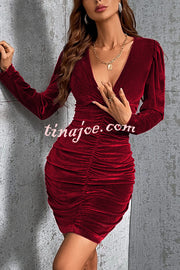 Solid Color Velvet Sexy V-neck Long Sleeve Ruched Mini Dress