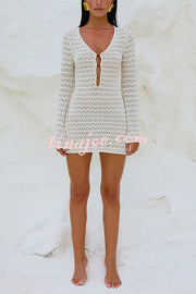 Solid Long Sleeve V Neck Beach Cover Up Mini Dress