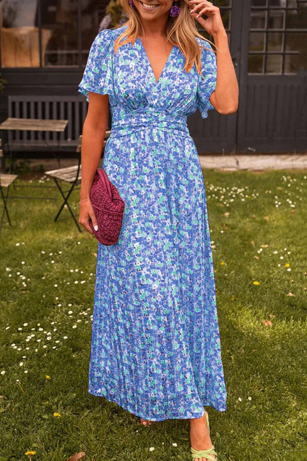 Floral Print V-Neck Short Sleeve Waist Maxi Dress