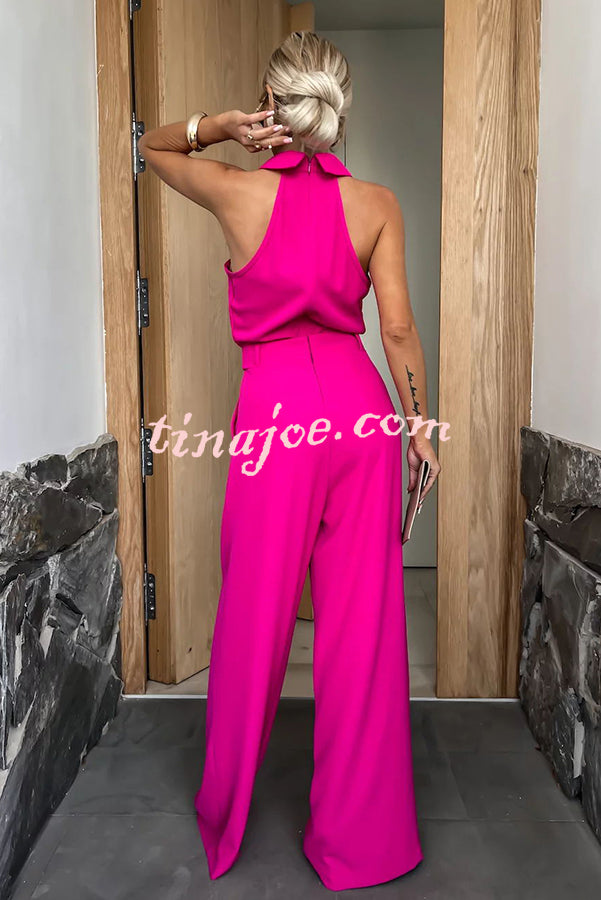 Fashionable Unique Look Halter Shirt Collar Pocketed Wide Leg Jumpsuit