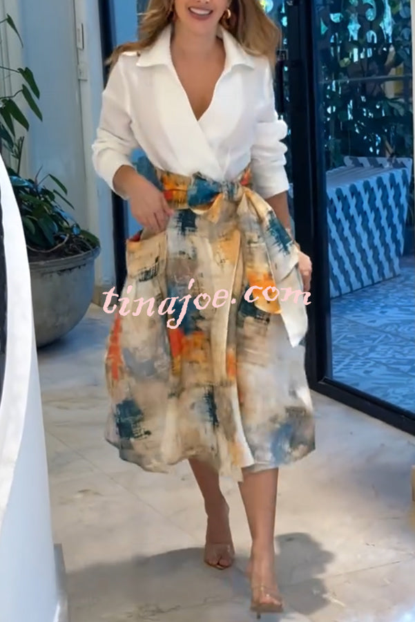 Jiles Linen Blend Unique Contrast Print Long Sleeve Tie-up Pocket Shirt Midi Dress