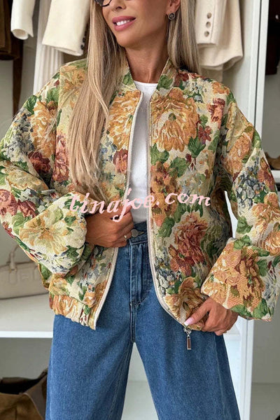 Floral Print Loose Long-sleeved Zip-up Jacket