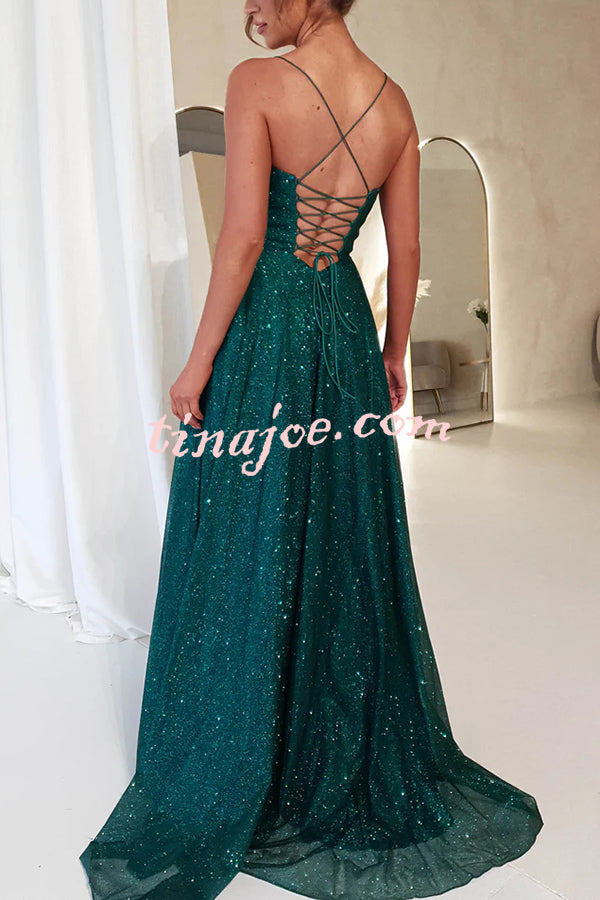 Cinderella Glitter Tulle Fabric Cowl Neck Back Lace-up Pocketed Slit Maxi Dress