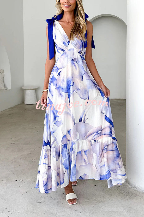 Unique Printed V-neck Sleeveless Lace-up Waist Maxi Dress