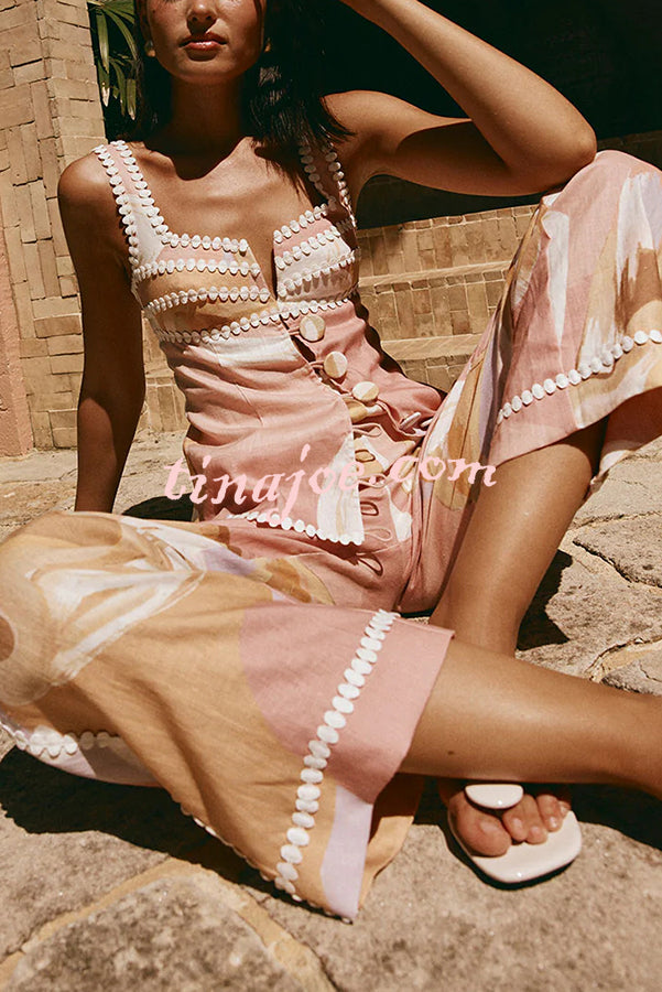 European Summer Linen Blend Ric Rac Trims Unique Print Button Tank